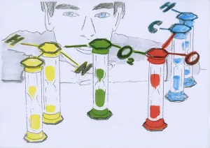 zeichnung-mann-hinter-reagenzglaesern-und-chemischen-formeln