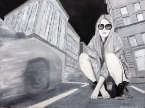 frau-sitzend-auf-befahrener-strasse-in-stadt