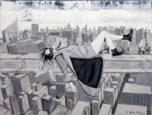 frau-liegend-auf-stahltraeger-oberhalb-von-skyscrapern